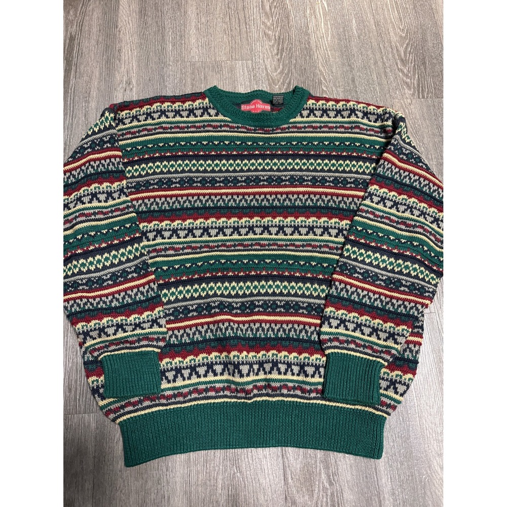 Stone Haven Vintage Mens XL Fair Isle Crewneck Sweater Green Ramie Cotton Blend